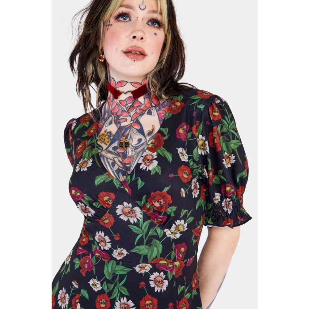 Jawbreaker - Skull Flower Midi Tea Longue robe - Noir